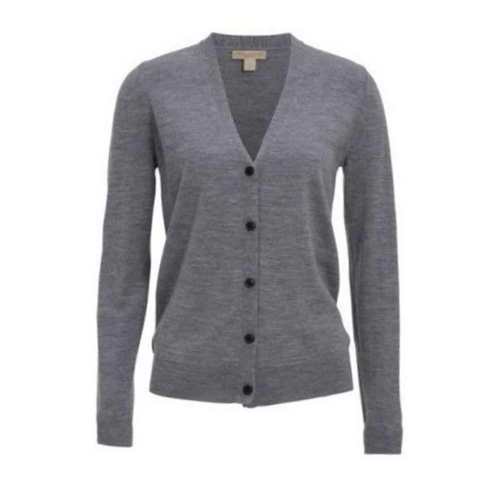 Burberry Elbow Patch Cardigan Womens M Gray Merino Wool V-Neck Classic Luxury